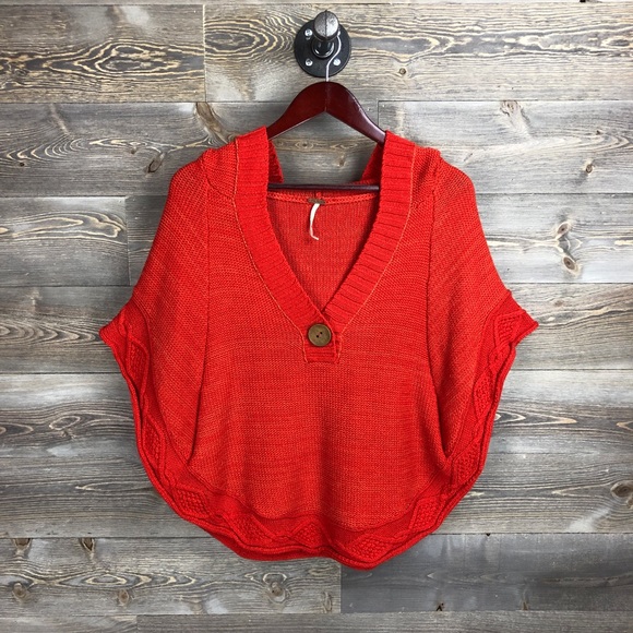 Free People Sweaters - Free People Orange Knit Sweater hooded Poncho